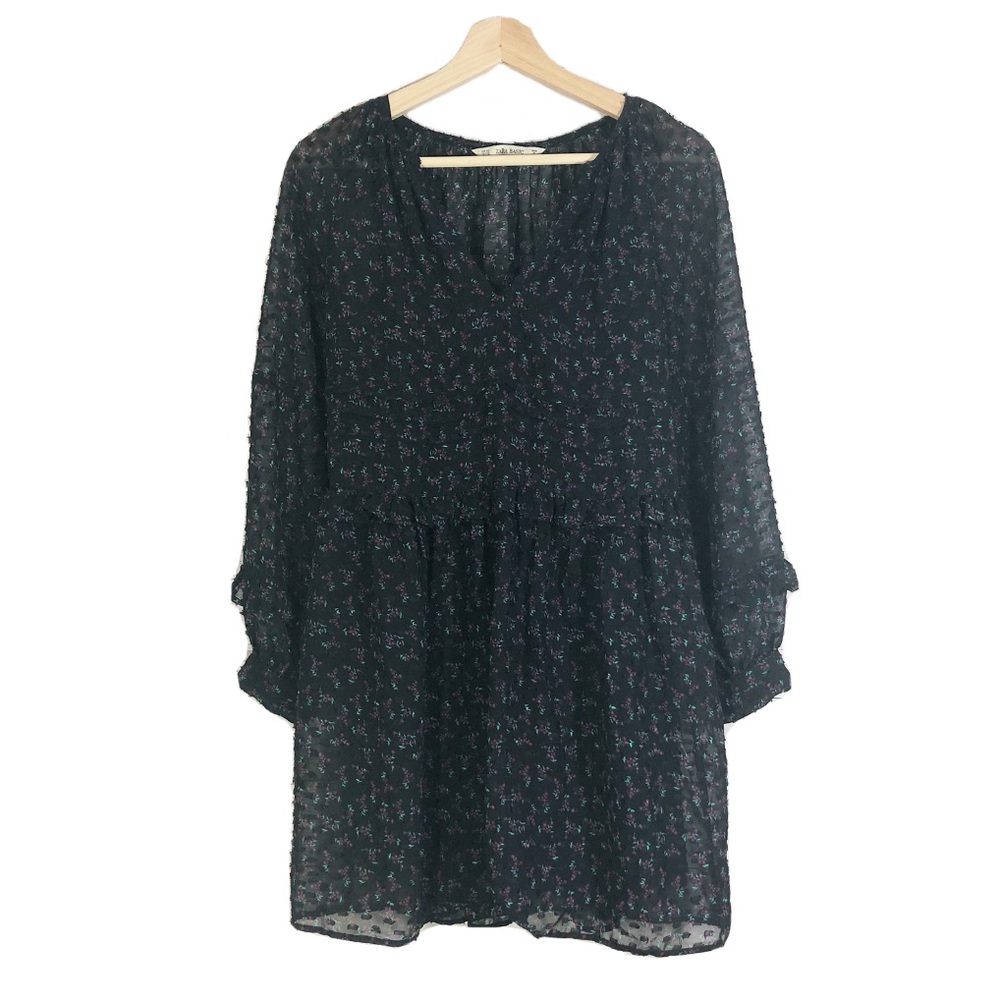 Zara Ruffle Floral Chiffon Shift Dress Long Sleeves Black Sz XS
